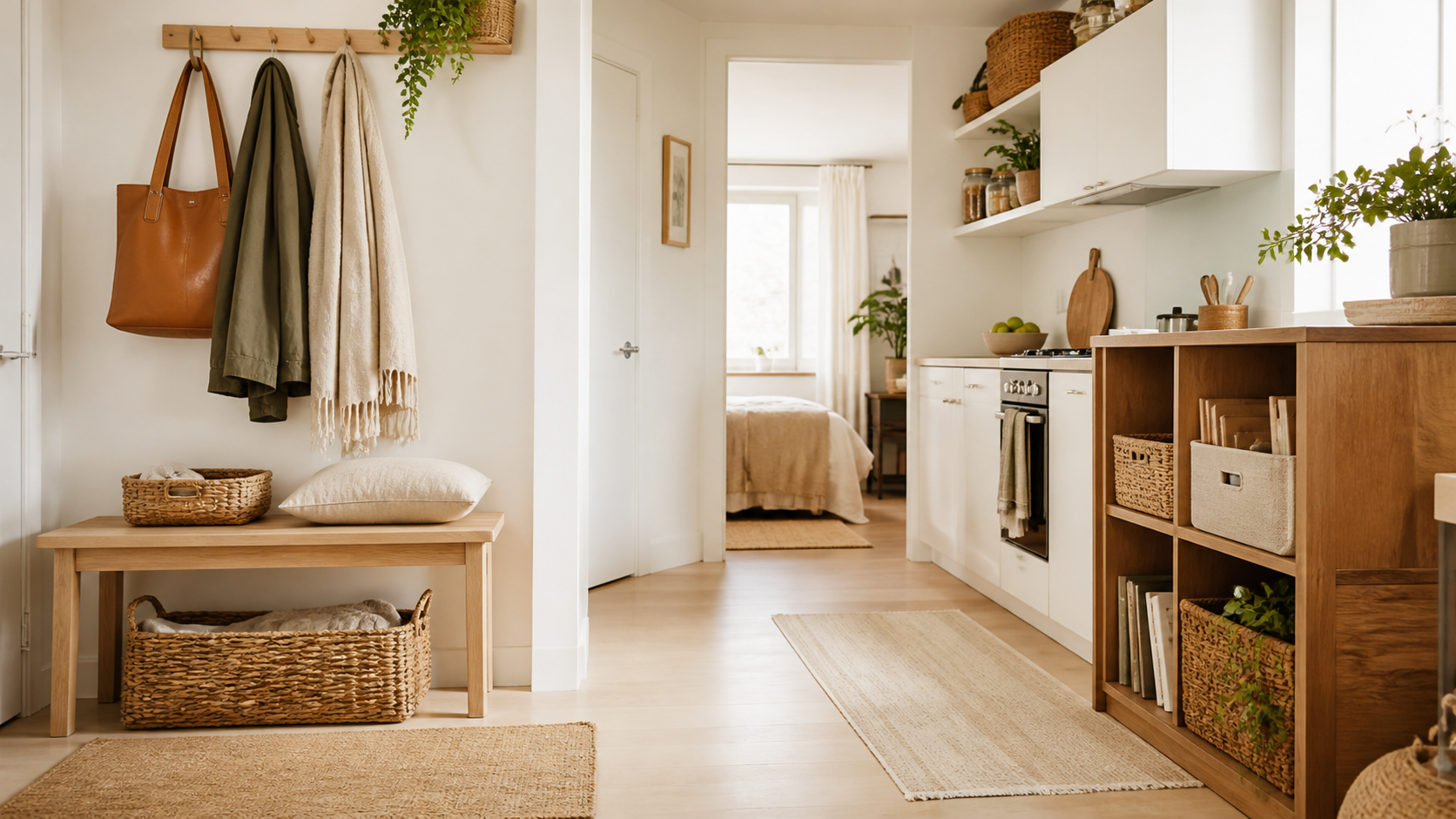 Organized storage along the entryway and kitchen of a small home