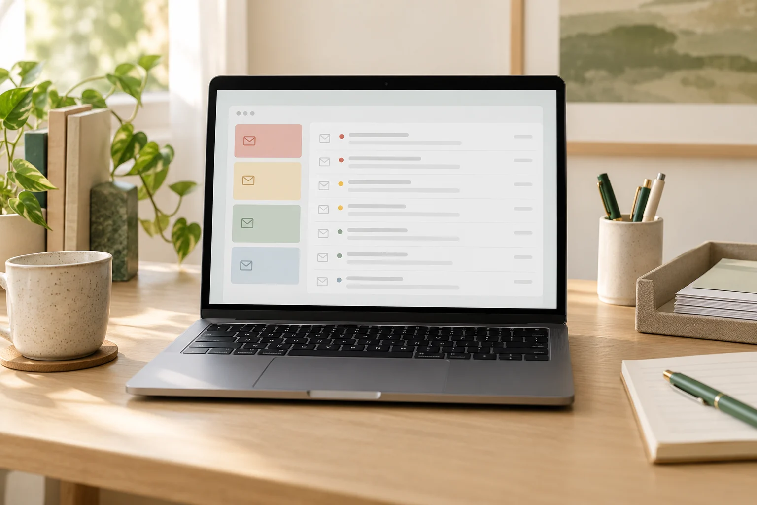 A laptop inbox with email grouped by purpose