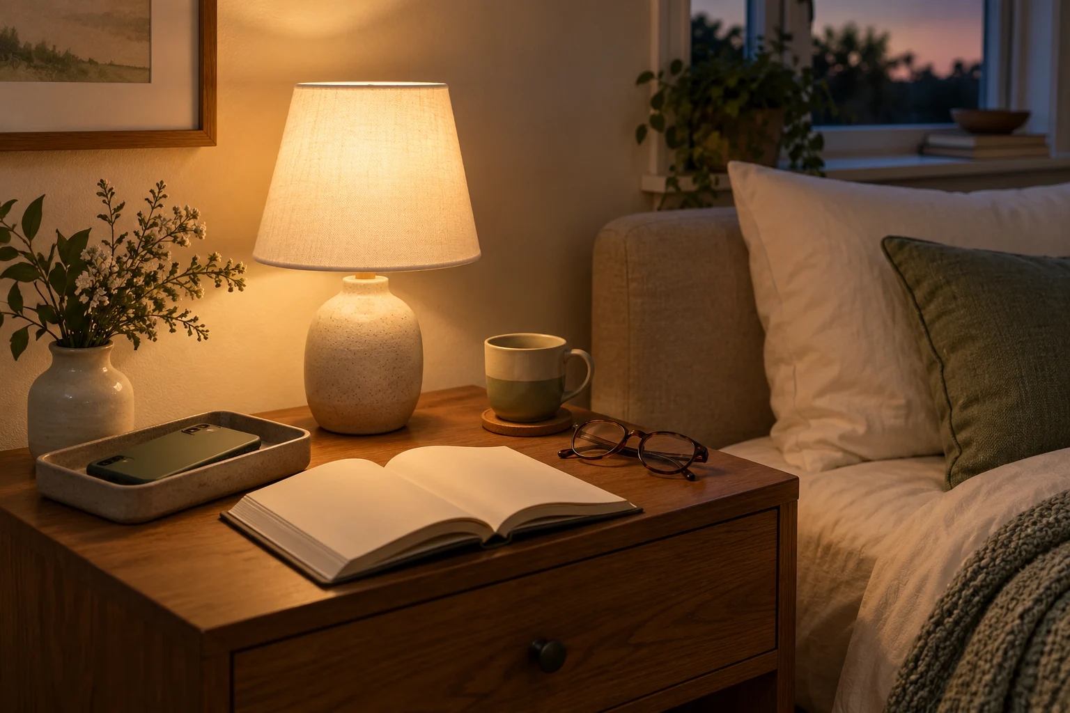 An evening bedside setup with a phone put away and an open book