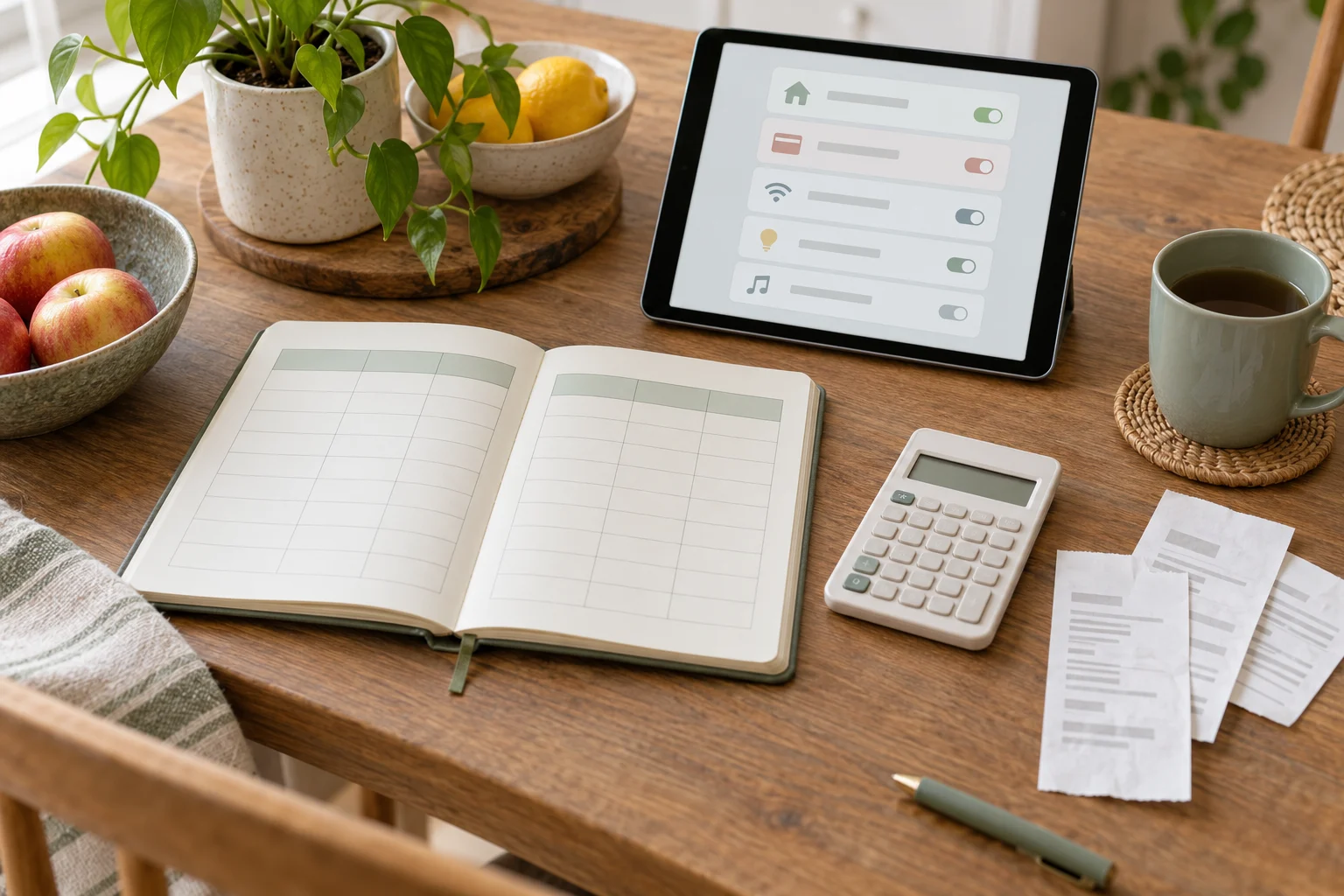 A household spending ledger and tablet for reviewing recurring payments