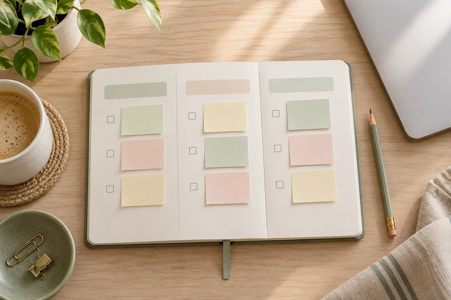A three-column planner for organizing daily priorities